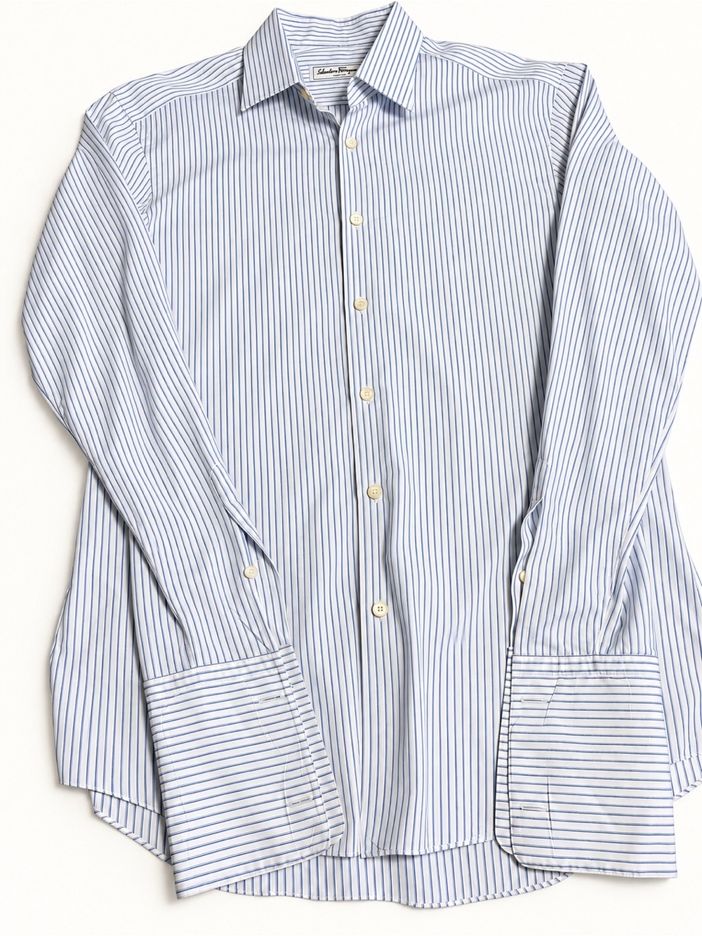 Salvatore Ferragamo Blue and White Pinstripe Dress Shirt